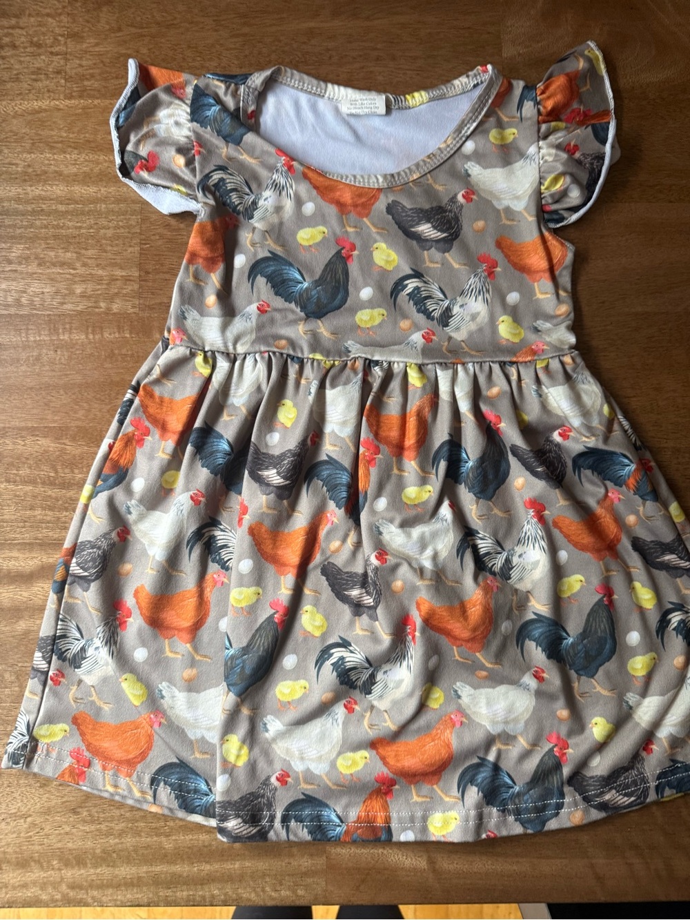 Kids Chicken-Print Flutter Sleeve Dress - Beige